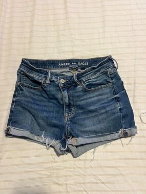 American Eagle Outfitters High Waisted Dark Blue Denim Rolled Hem Shorts